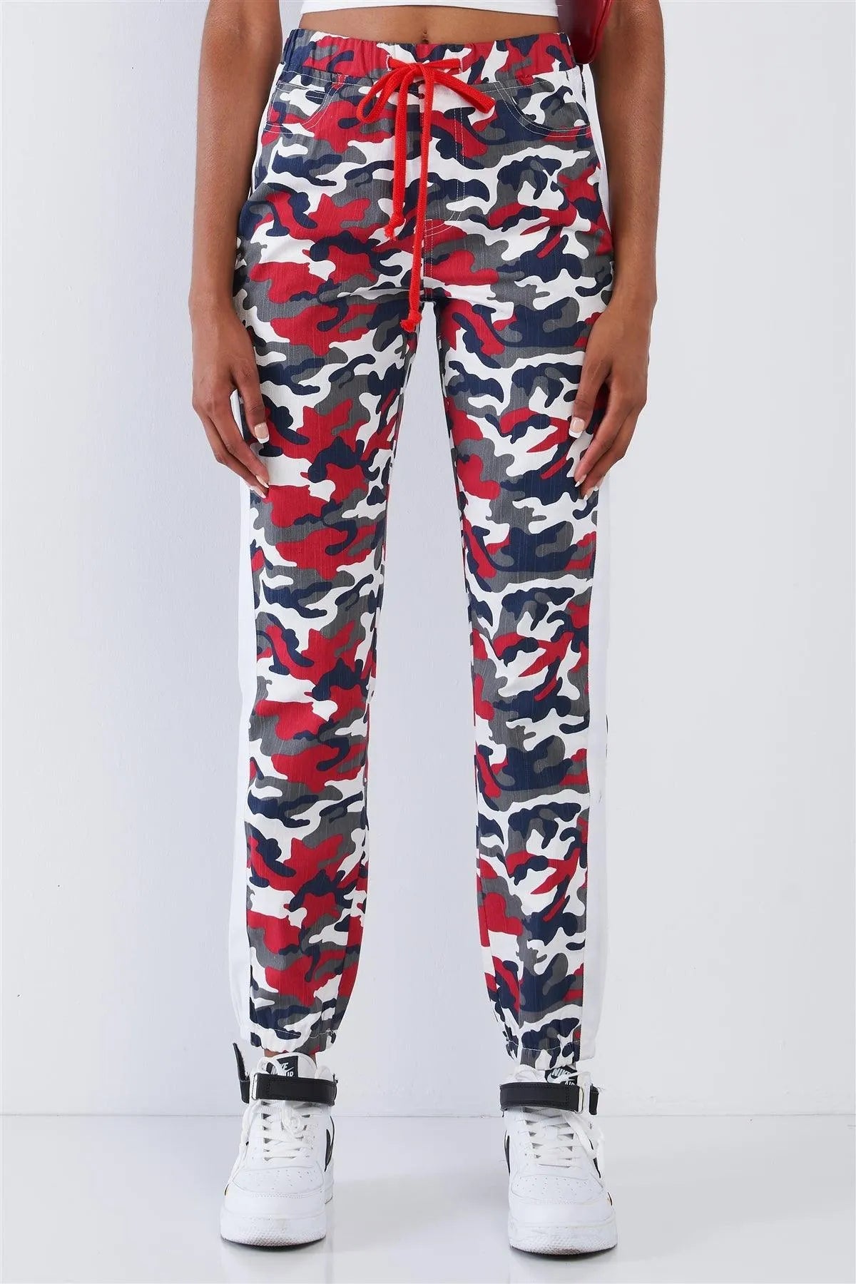 Red Camo Side Striped Elastic Waist Cargo Pants - Tasha Apparel Wholesale