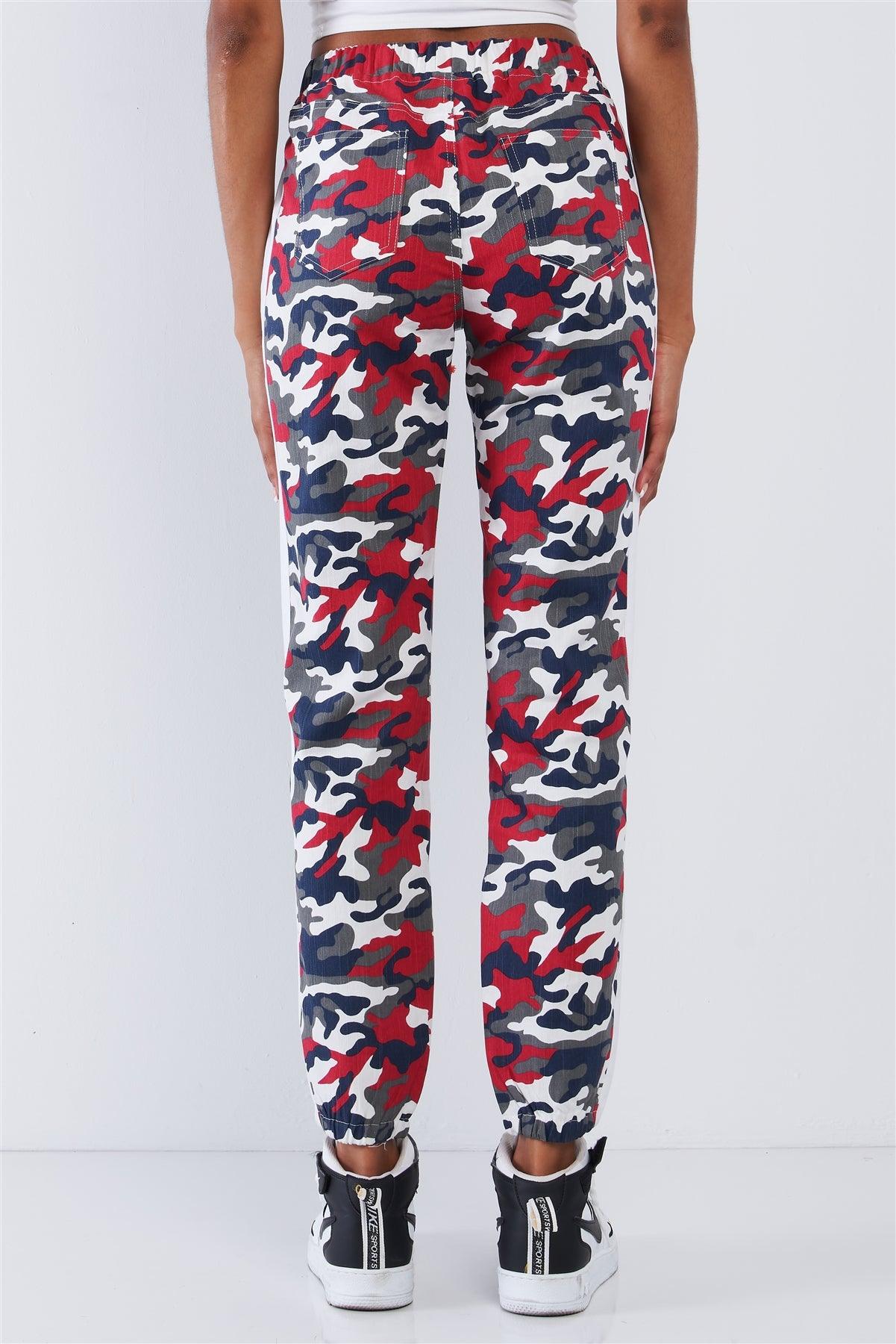 Red & Blue Camouflage High Waisted White Side Striped Elastic Waist Draw String Cargo Pants