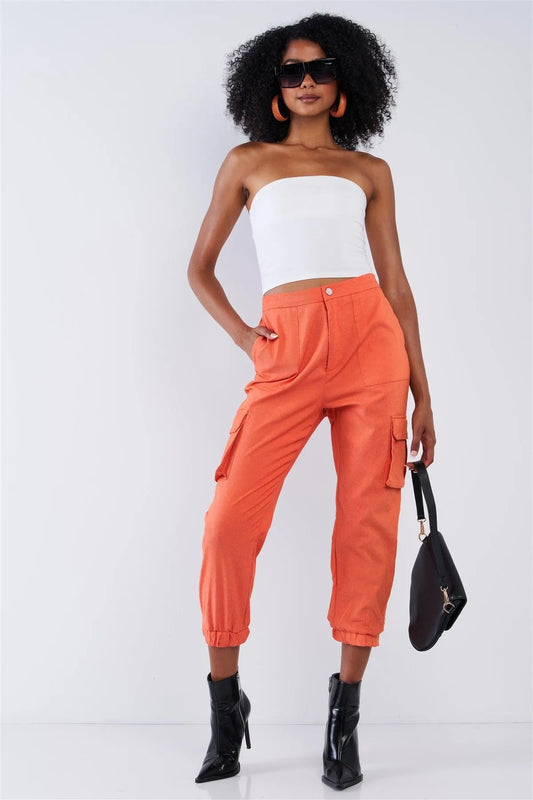 Orange High Waisted Cargo Pocket Jogger Pants - Tasha Apparel Wholesale