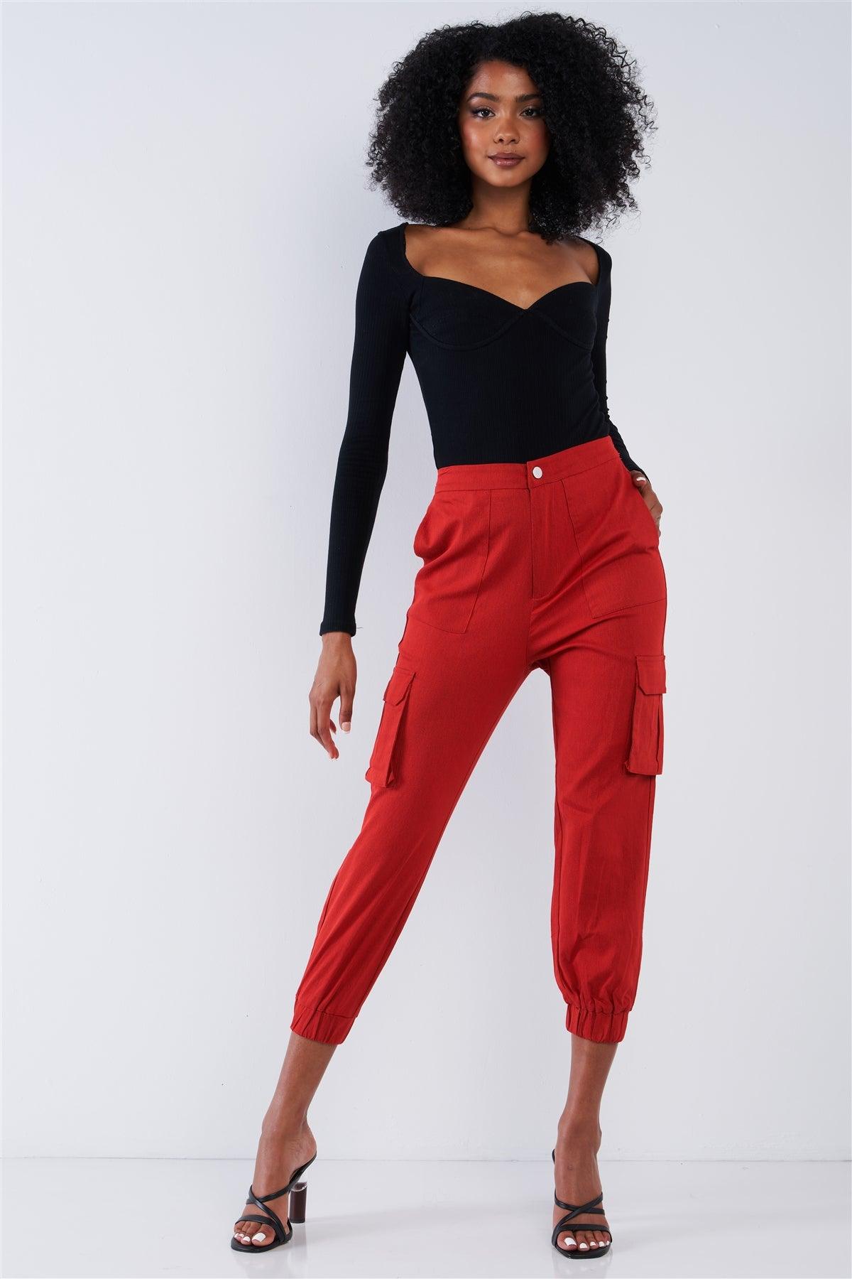 Cherry Red High Waisted Cargo Pocket Jogger Pants /2-2-2