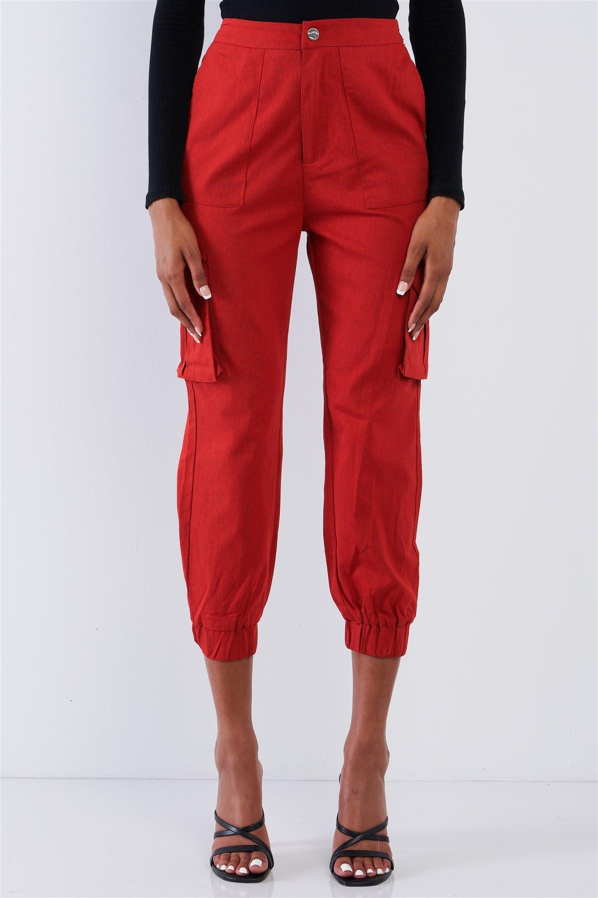 Cherry Red High Waisted Cargo Pocket Jogger Pants /2-2-2