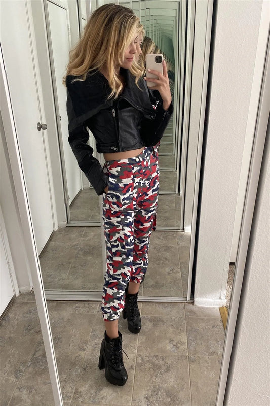 High Waisted Red & White & Blue Camouflage Cargo Jogger Pants / 2-2-2 - Tasha Apparel Wholesale