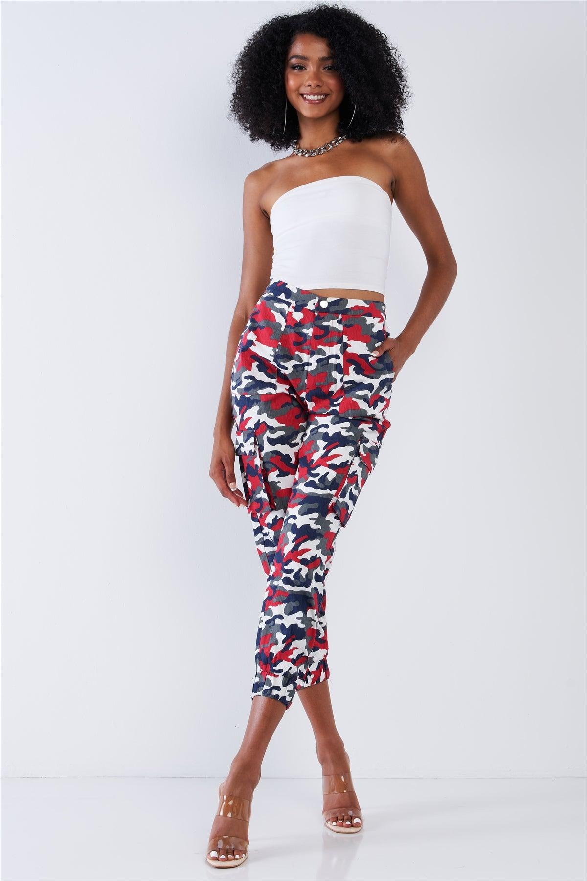 High Waisted Red & White & Blue Camouflage Cargo Jogger Pants / 2-2-2