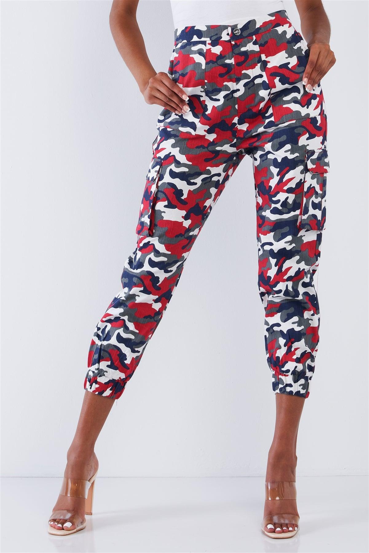 High Waisted Red & White & Blue Camouflage Cargo Jogger Pants / 2-2-2