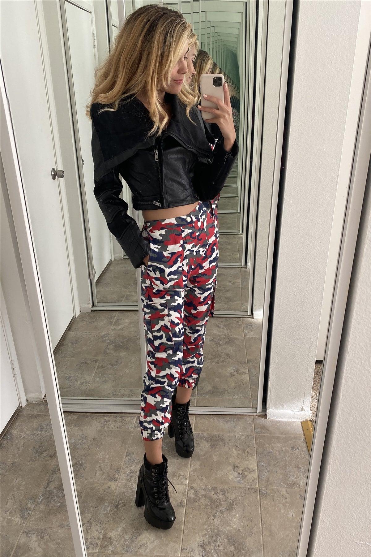 High Waisted Red & White & Blue Camouflage Cargo Jogger Pants