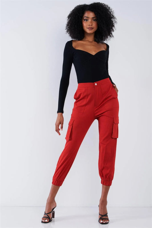 Cherry Red High Waisted Cargo Pocket Jogger Pants - Tasha Apparel Wholesale