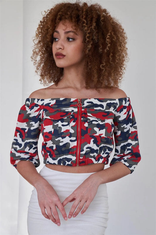 Navy Red Camo Print Off The Shoulder Cargo Crop Top - Tasha Apparel Wholesale