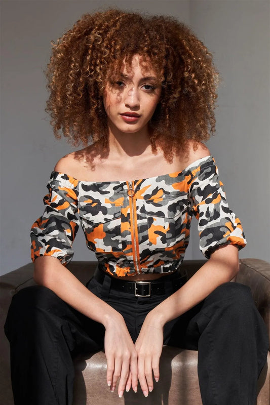 Orange Zipper Front Off The Shoulder Cargo Pocket Camouflage Print Crop Top /2-2-2 - Tasha Apparel Wholesale