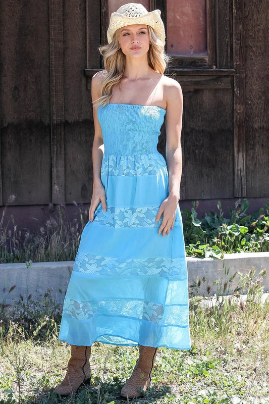 Sky Blue Smocked Bodice Floral Crochet Details Sleeveless Boho Midi Dress /2-2-2 - Tasha Apparel Wholesale