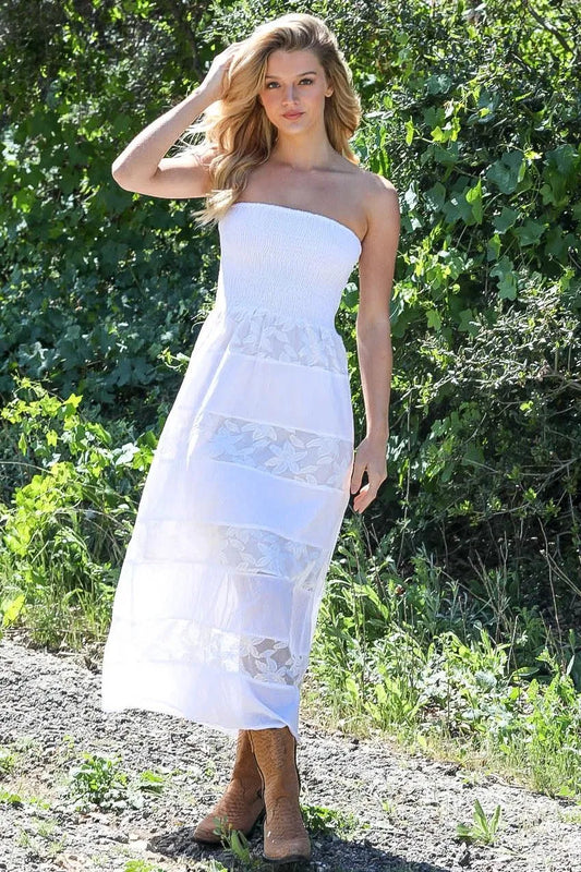 White Smocked Bodice Floral Crochet Details Sleeveless Boho Midi Dress /2-2-2 - Tasha Apparel Wholesale