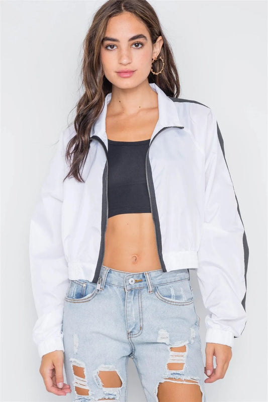 White Colorblock Lightweight Cropped Jacket /2-2-2 - Tasha Apparel Wholesale