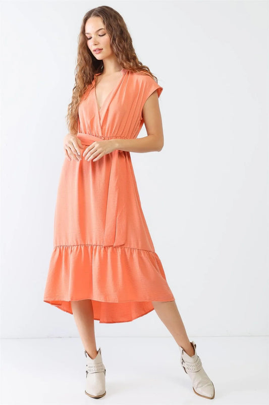 Peach Textured Wrap V-Neck Belted Flare Hem Midi Dress /1-2-3-1 - Tasha Apparel Wholesale