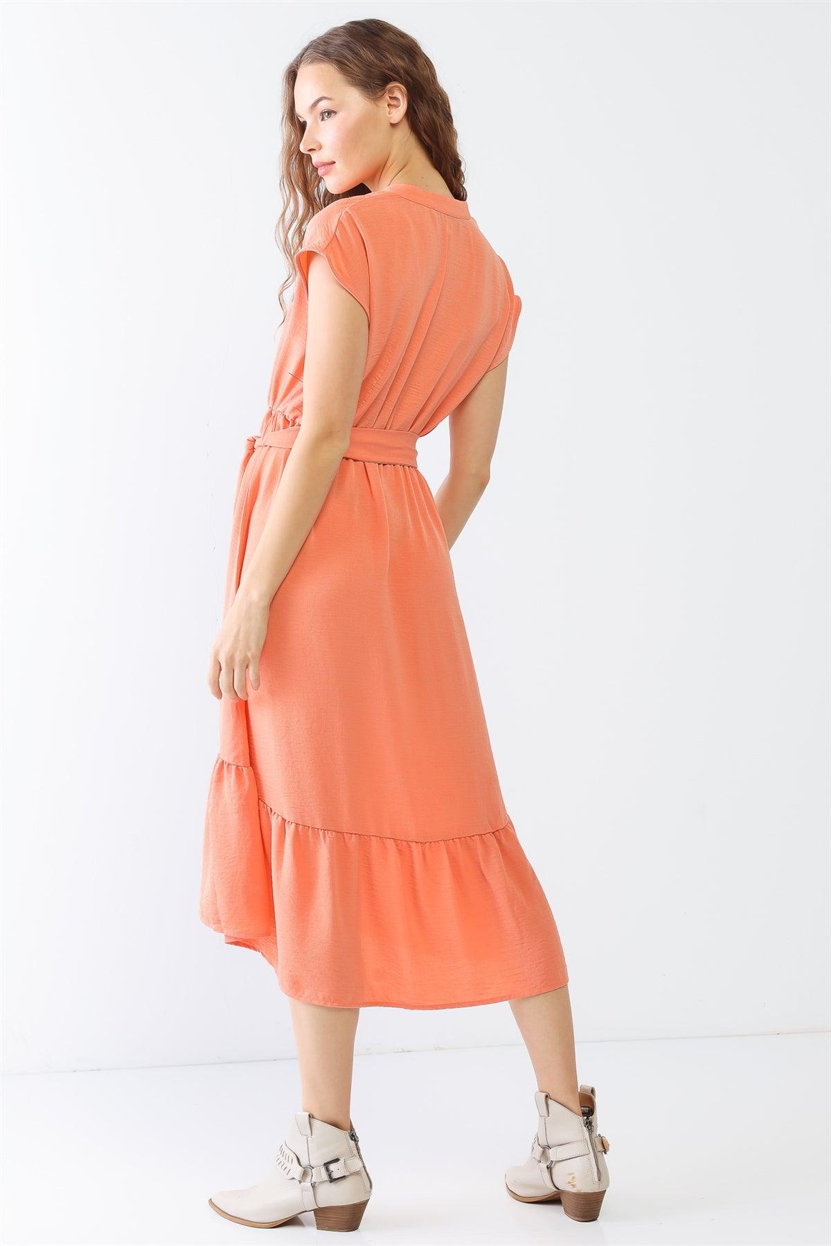 Peach Textured Wrap V-Neck Belted Flare Hem Midi Dress /1-2-3-1