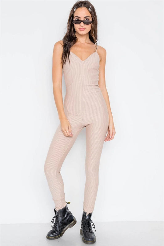 Beige Pinstripe V-neck Skinny Leg Jumpsuit - Tasha Apparel Wholesale