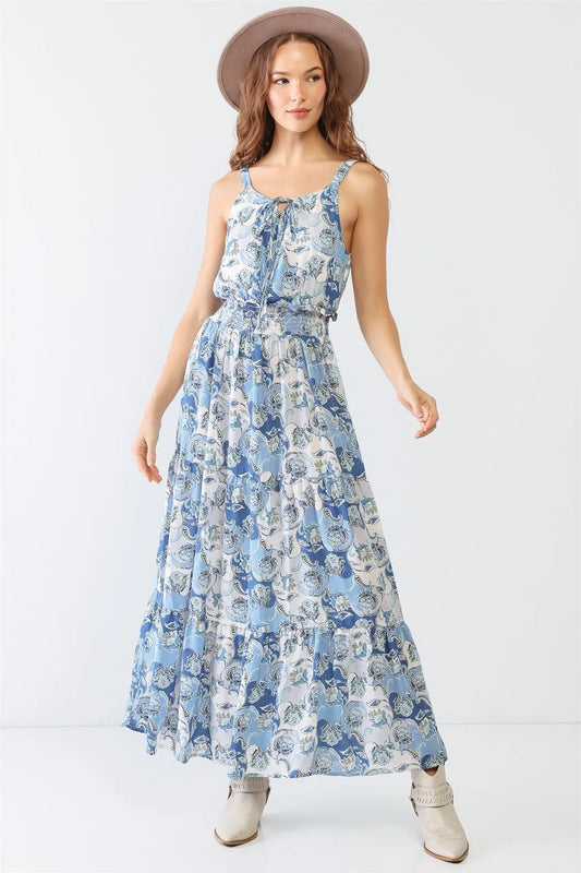 Blue Paisley Strappy Self-Tie Neck Smocked Maxi Dress - Tasha Apparel Wholesale