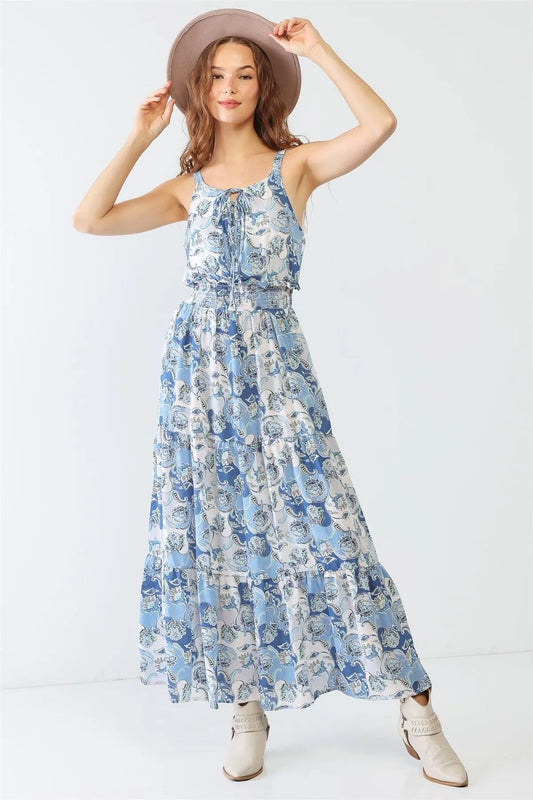 Paisley Strappy Self-Tie Smocked Flare Hem Maxi Dress - Tasha Apparel Wholesale
