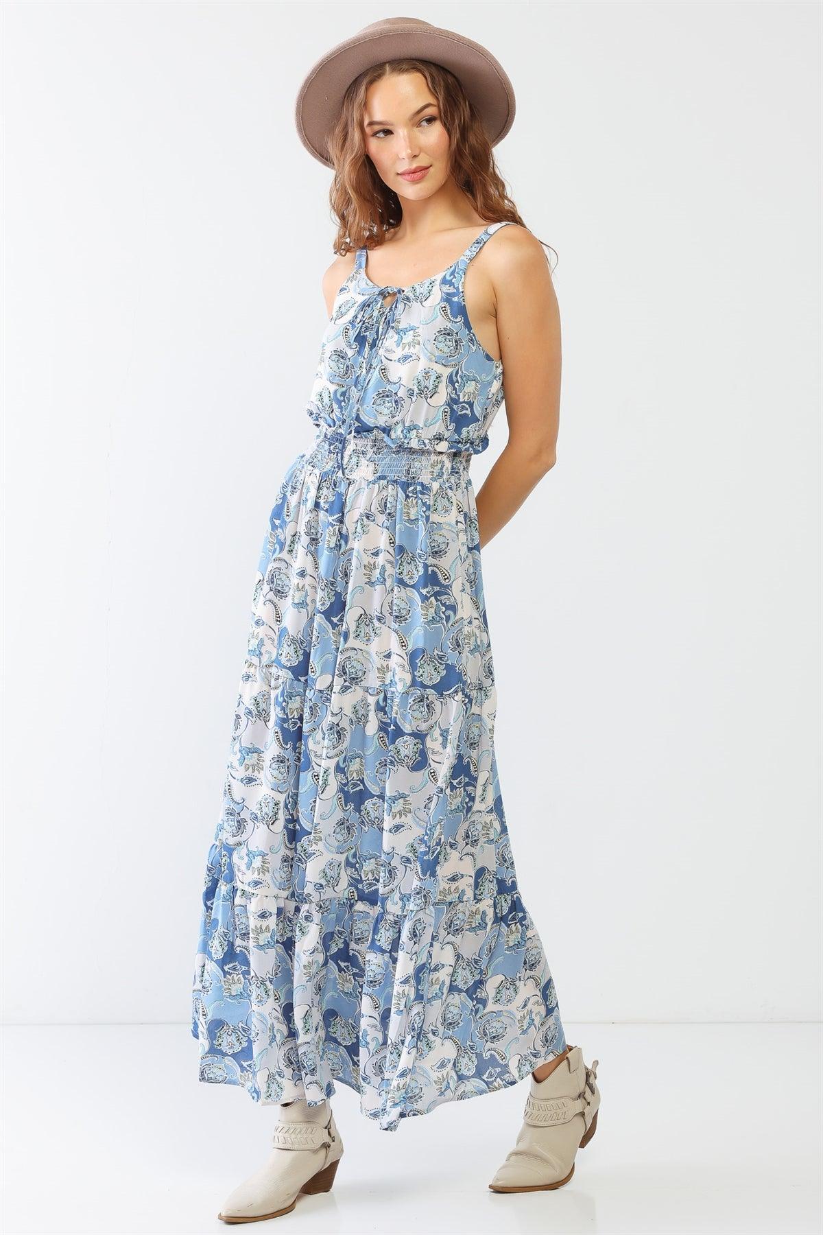 Blue Paisley Print Sleeveless Strappy Self-Tie Neck Smocked Flare Hem Maxi Dress /2-2-2