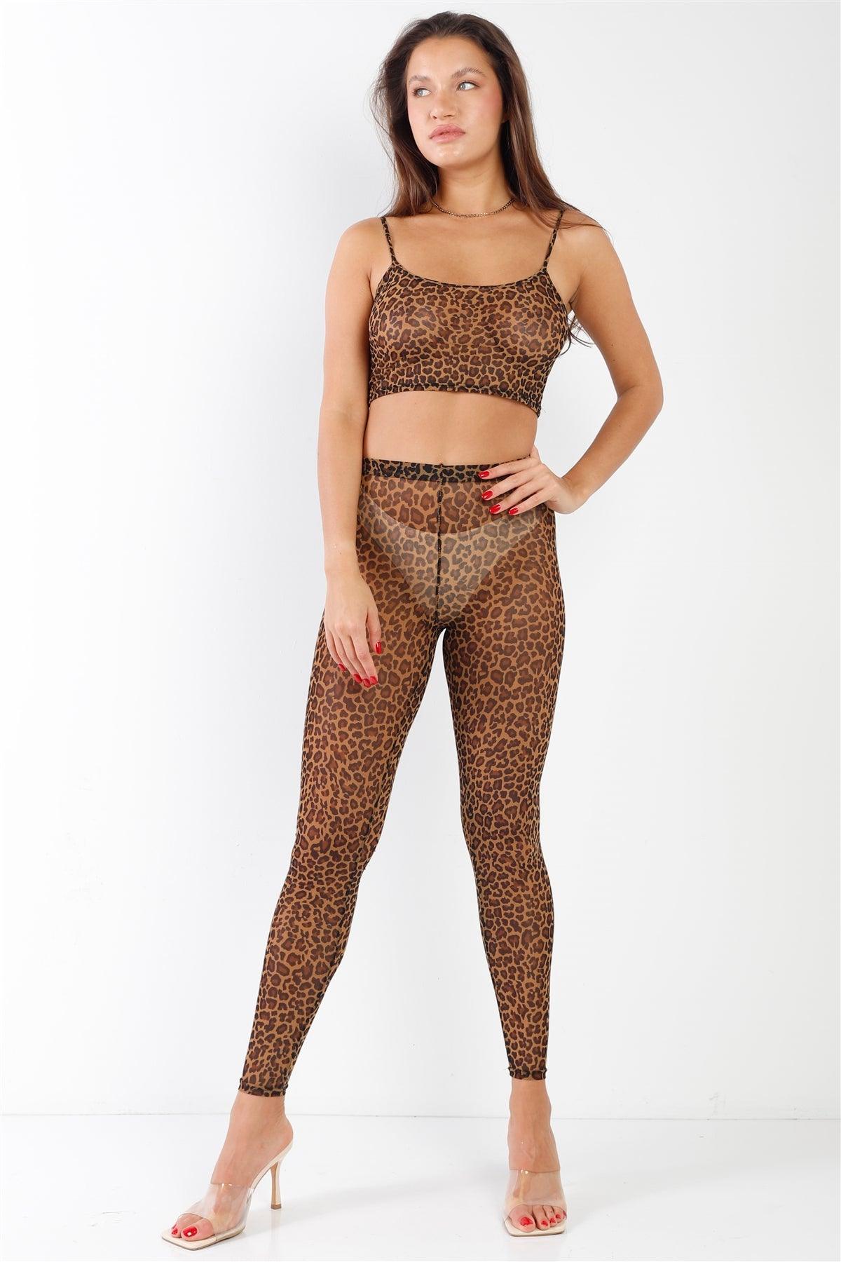 Leopard Print Sexy Sheer Mesh Sleeveless Crop Top & High Waist Legging Set /1-2-2-1