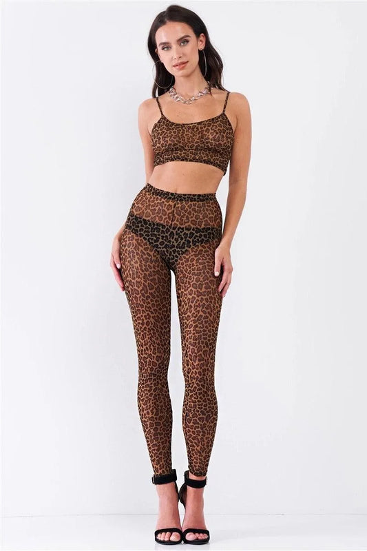 Leopard Print Sexy Sheer Mesh Sleeveless Crop Top & High Waist Legging Set /2-2-2 - Tasha Apparel Wholesale