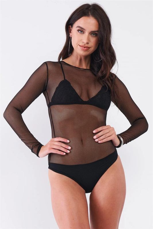 Black Sexy Fine Fishnet Sheer Mesh Crew Neck Long Sleeve Bodysuit /1-2-3 - Tasha Apparel Wholesale