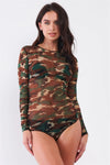 Camo Fine Fishnet Sheer Mesh Long Sleeve Bodysuit - Tasha Apparel Wholesale