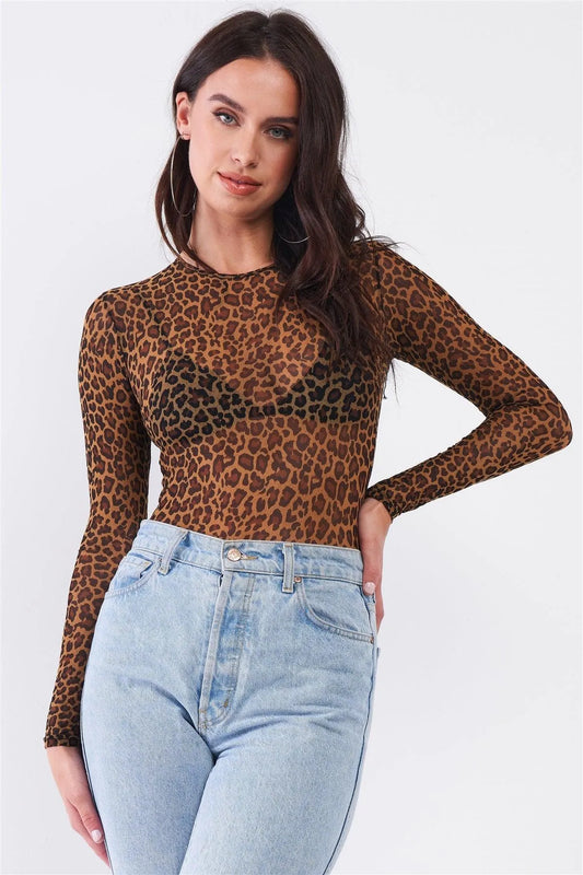 Leopard Print Sexy Fine Fishnet Sheer Mesh Crew Neck Long Sleeve Bodysuit /2-2-2 - Tasha Apparel Wholesale