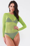 Neon Green Sexy Fine Fishnet Sheer Mesh Crew Neck Long Sleeve Bodysuit /2-1-2-1 - Tasha Apparel Wholesale