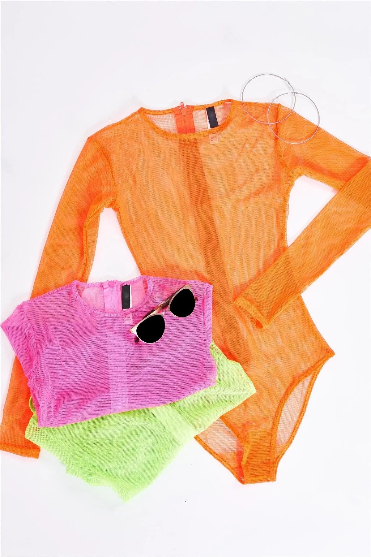 Neon Green Sexy Fine Fishnet Sheer Mesh Crew Neck Long Sleeve Bodysuit /2-1-2-1 - Tasha Apparel Wholesale