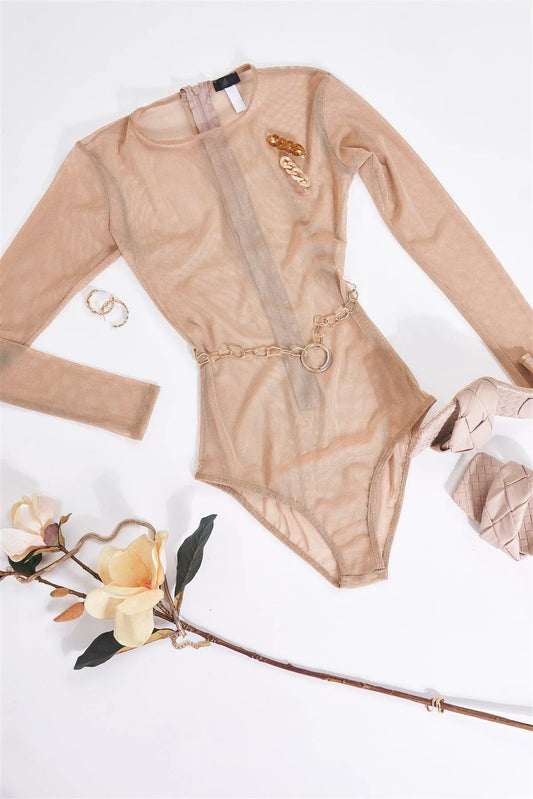 Nude Sexy Fine Fishnet Sheer Mesh Crew Neck Long Sleeve Bodysuit - Tasha Apparel Wholesale