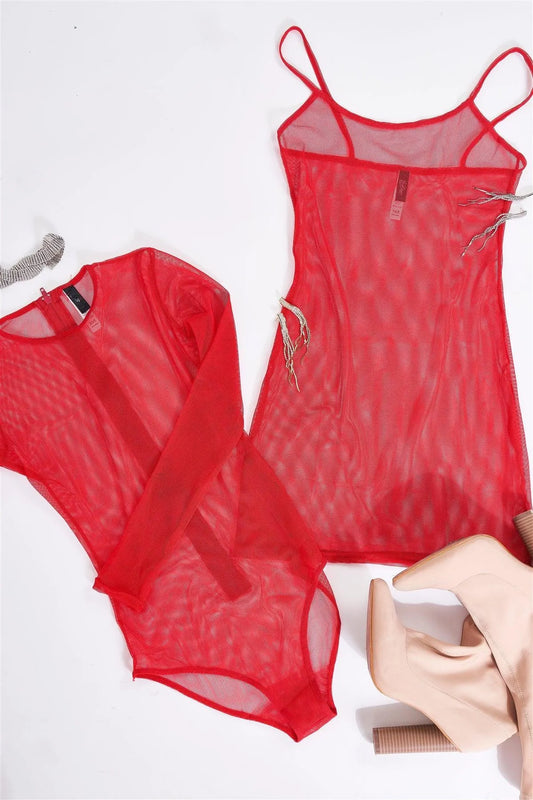 Wild Rose Red Sexy Fine Fishnet Sheer Mesh Crew Neck Long Sleeve Bodysuit /1-2-3-1 - Tasha Apparel Wholesale