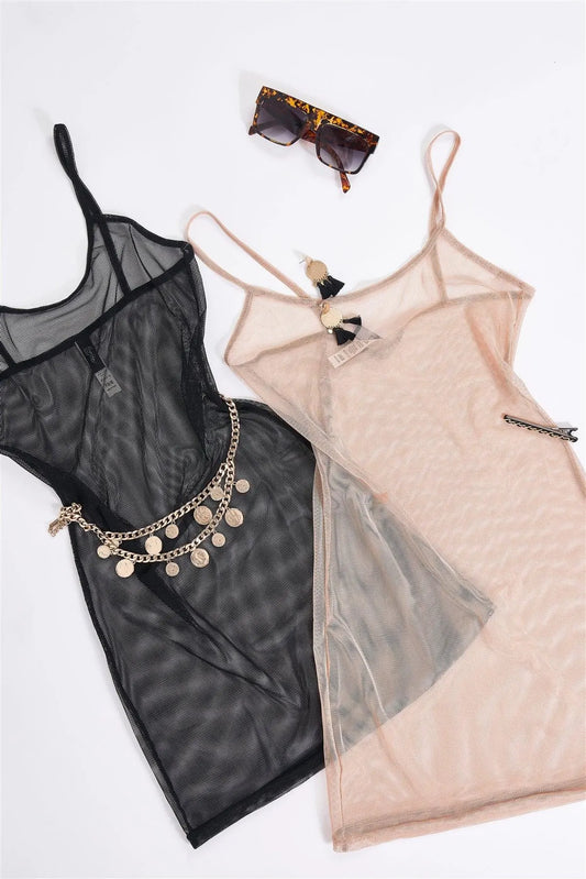 Black Sexy Sheer Mesh Sleeveless Round Neck Mini Dress - Tasha Apparel Wholesale