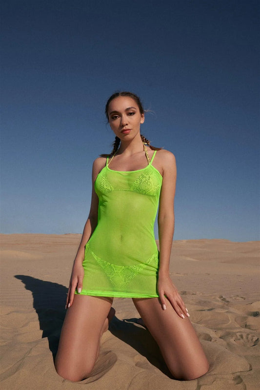 Neon Green Sexy Sheer Mesh Sleeveless Round Neck Mini Dress /2-1-2-1 - Tasha Apparel Wholesale
