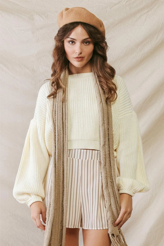 Cream Knit Crew Neck Long Sleeve Crop Sweater /3-2-1 - Tasha Apparel Wholesale