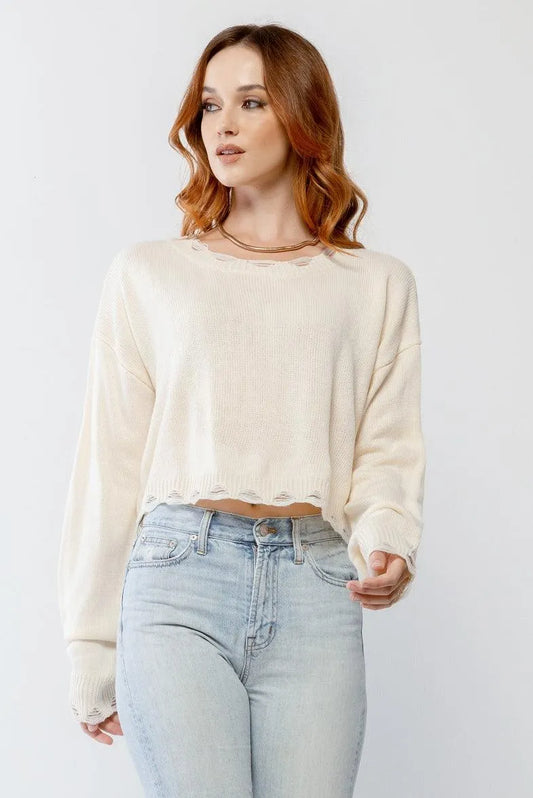Cream Knit Distressed Detail Long Sleeve Crop Sweater /3-2-1 - Tasha Apparel Wholesale