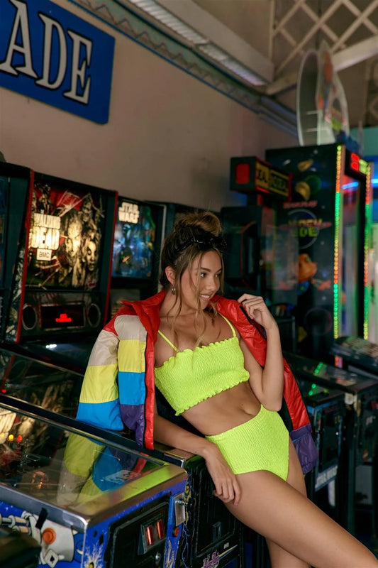 Red Multi Colorblock Zip-Up Puffer Jacket / 2-2-2 - Tasha Apparel Wholesale