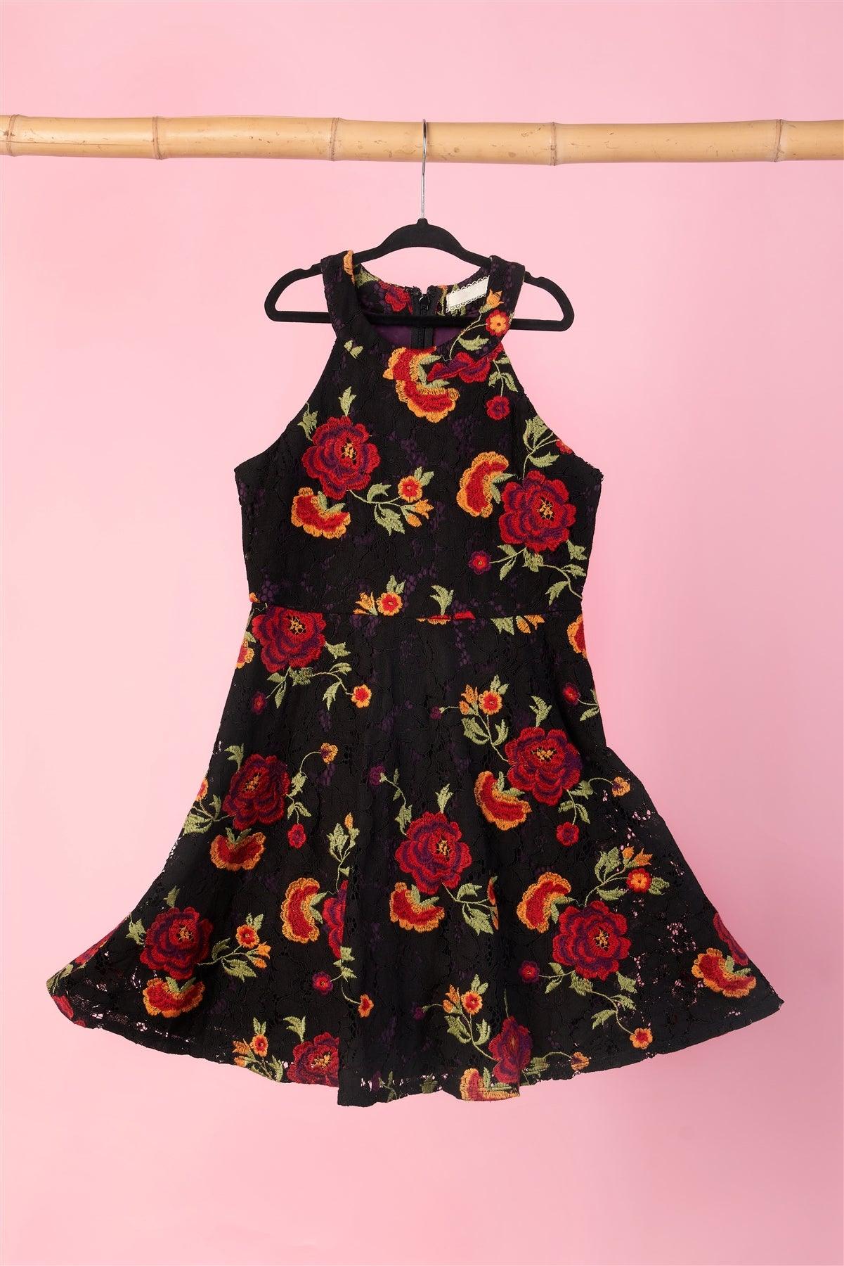 Girls Multi Black Floral Lace Embroidery Dress