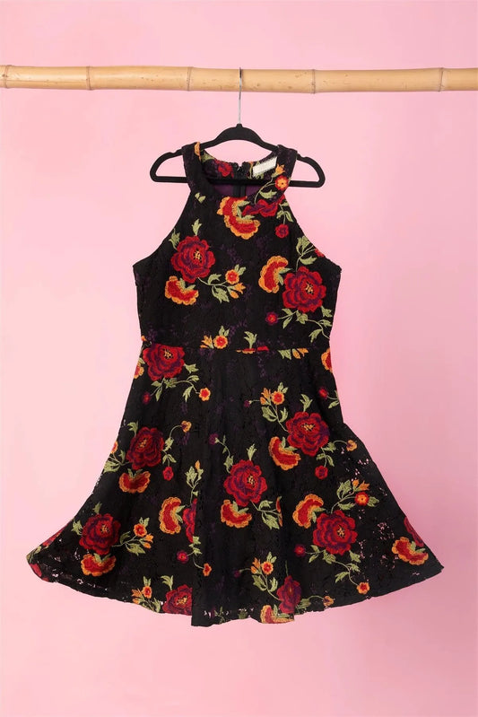 Toddler Girls Multi Black Floral Lace Embroidery Dress - Tasha Apparel Wholesale