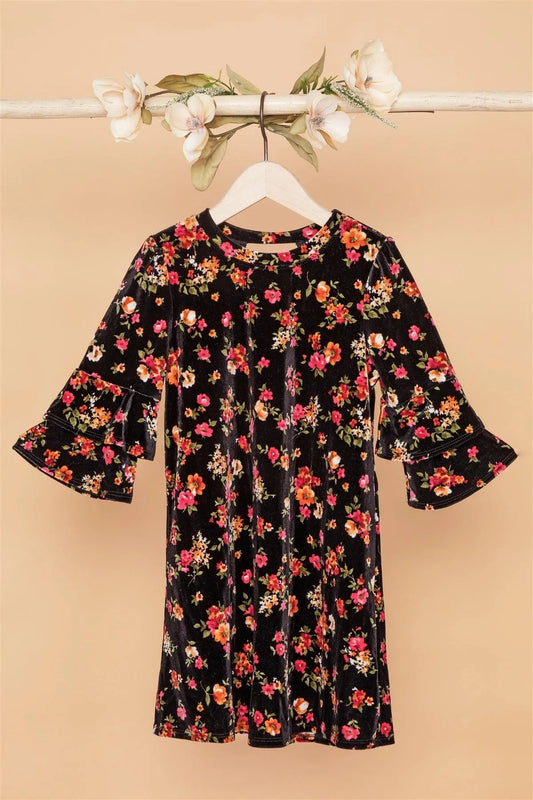 Toddler Girls Black Velvet Floral Ruffle Sleeves Dress /1-2-2-1 - Tasha Apparel Wholesale
