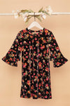 Girls Black Velvet Floral Ruffle Sleeves Dress /1-3-1-2