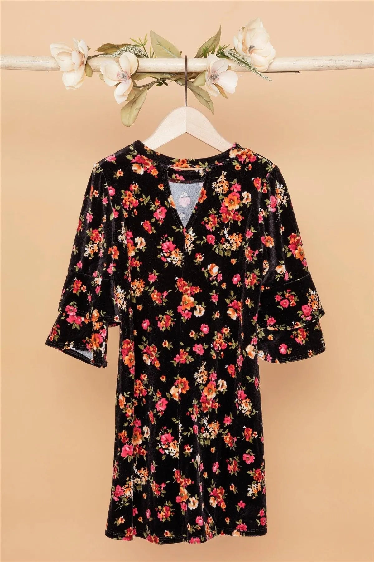 Wholesale Toddler Girls Black Velvet Floral Ruffle Sleeves Dress