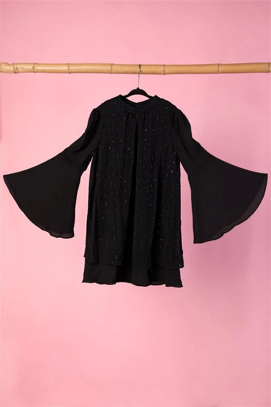 Toddler Girls Black Shiny Embroidery Bell Sleeves Mock-Neck Dress - Tasha Apparel Wholesale