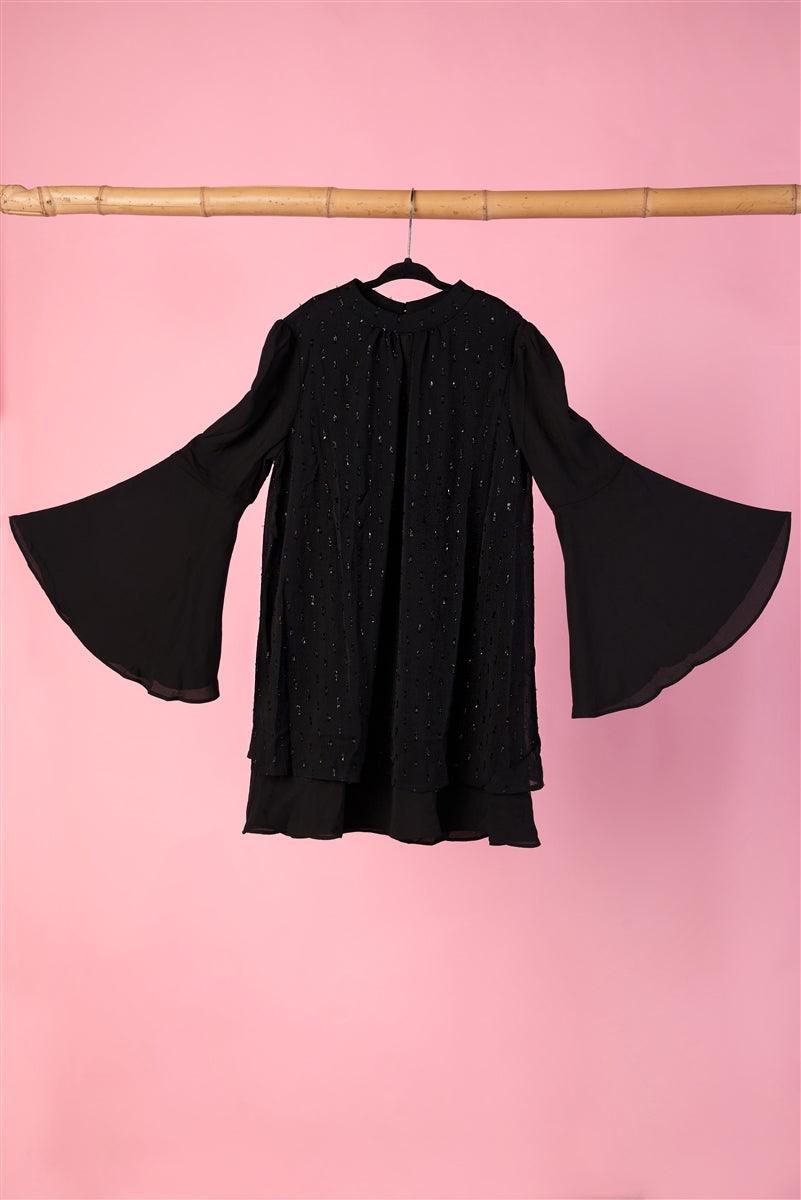 Toddler Girls Black Shiny Embroidery Bell Sleeves Mock-Neck Dress
