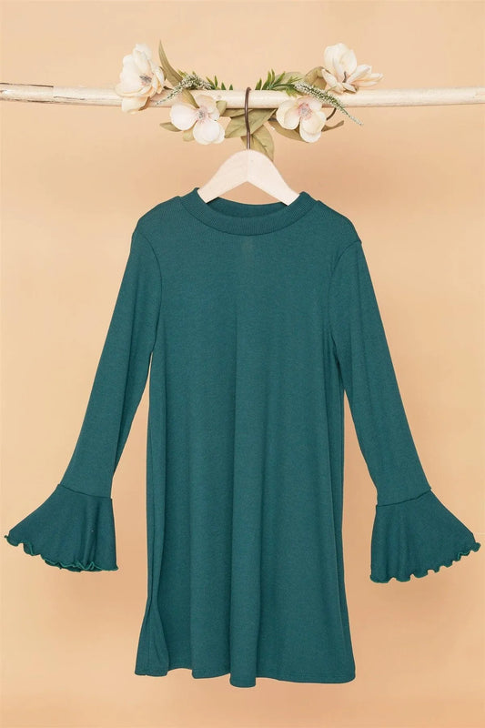 Little Girls Green Ribbed Long Sleeve Sweater Dress - Tasha Apparel Wholesale