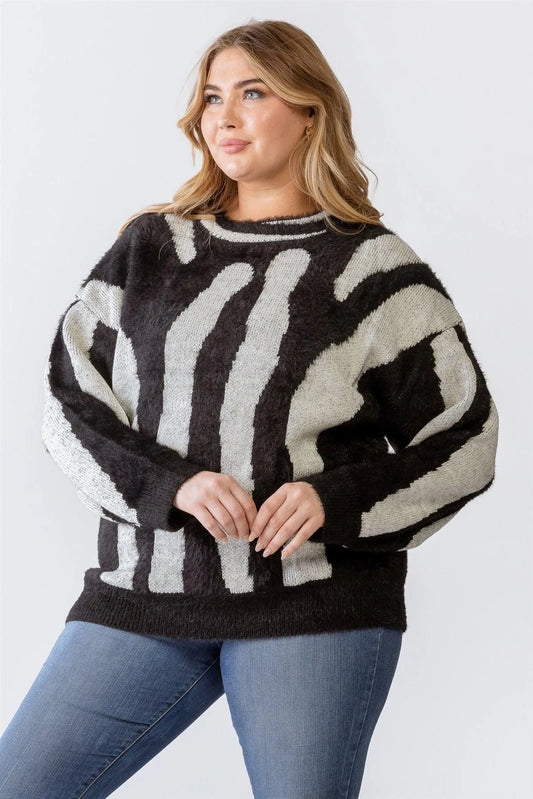 Plus Size Knit Fuzzy Zebra Animal Print Sweater /3-2-1 - Tasha Apparel Wholesale