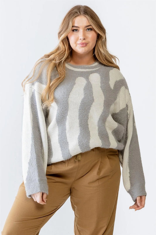 Plus Size Grey Knit Fuzzy Animal Print Sweater /2-2-1 - Tasha Apparel Wholesale