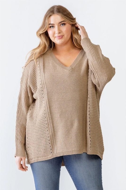 Plus Size Mocha Waffle Knit V-Neck Sweater /3-3 - Tasha Apparel Wholesale