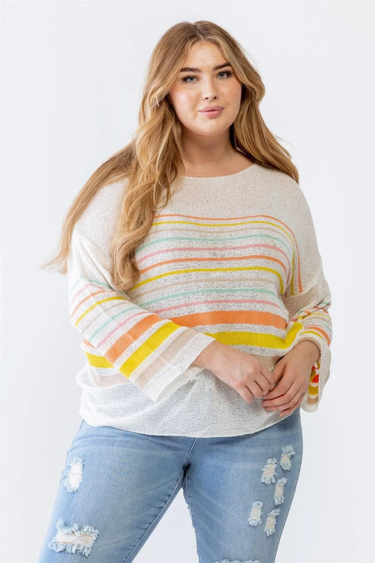 Plus Size Lightweight Striped Cotton Knit Sweater /3-2-1 - Tasha Apparel Wholesale