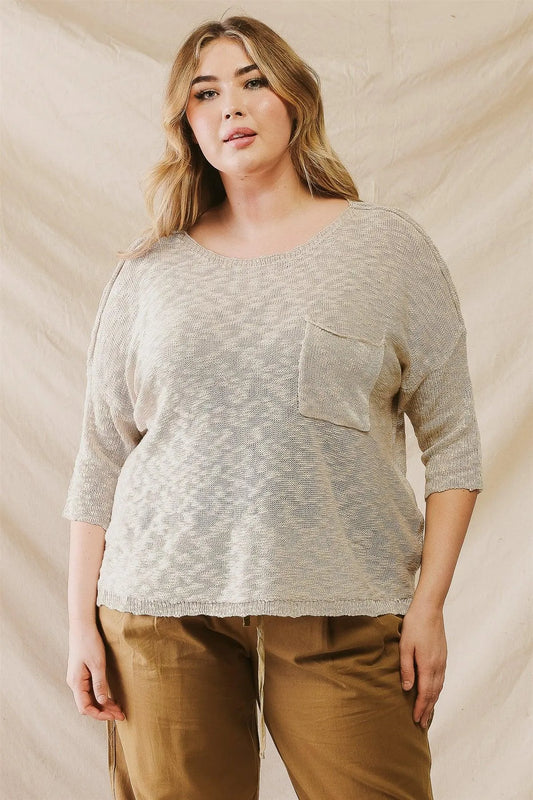 Plus Size Oatmeal Textured Midi Sleeve Knit Top /3-2-1 - Tasha Apparel Wholesale