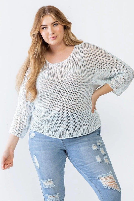 Junior Plus Blue & White Long Sleeve Relax Knit Top /3-2-1 - Tasha Apparel Wholesale