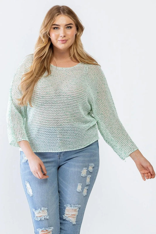 Plus Size Green White Long Sleeve Relax Knit Sweater /3-2 - Tasha Apparel Wholesale